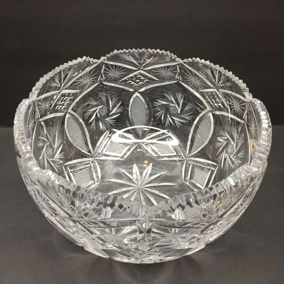 Vintage 1950s Crystal Sawtooth Rim Starburst Glass Serving Bowl Candy Fruit Host - Picture 2 of 10